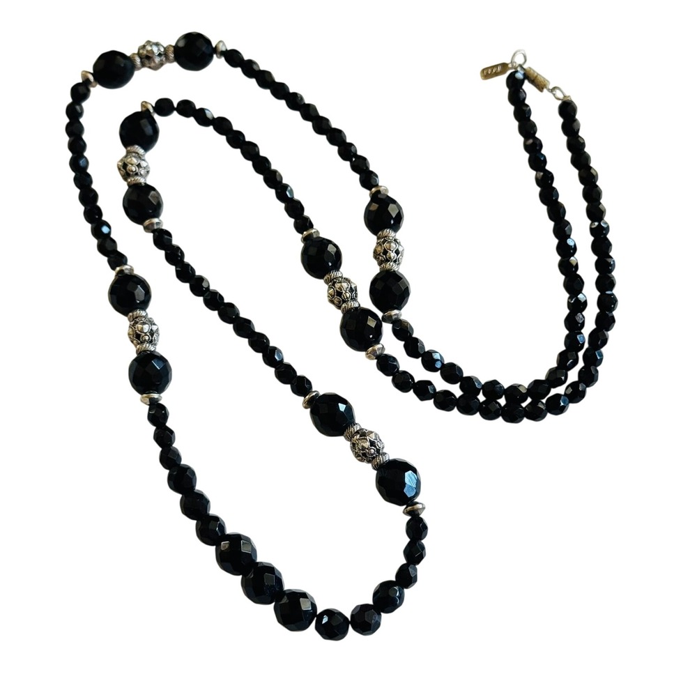 VTG 1928 Collection Style Goth Necklace glass beads silver filigree chain 38"L